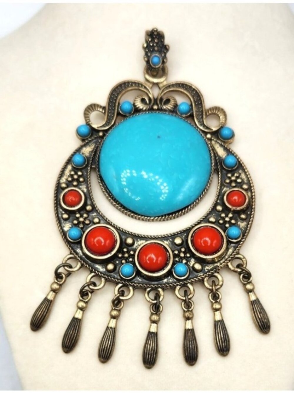 Bohemian Vintage Statement Pendant With Turquoise & Red Accents Antique Gold Ton